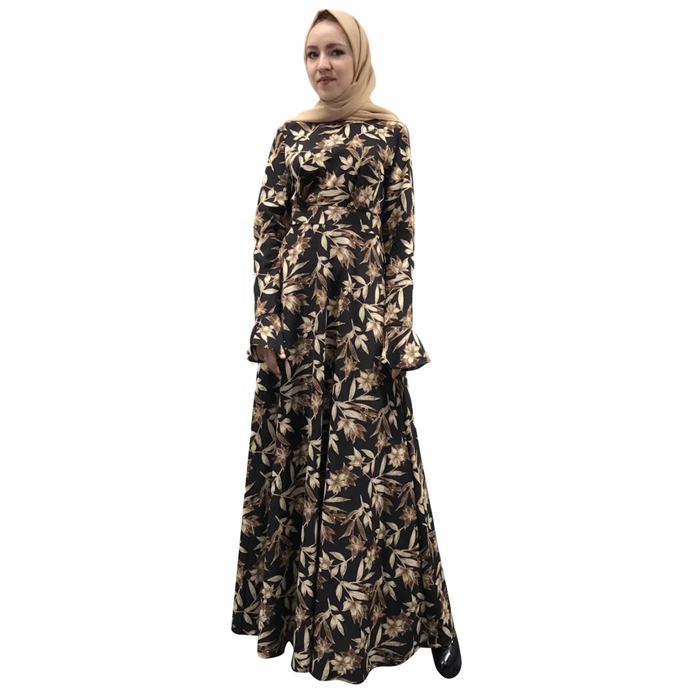 

Loriya fashion flower printing crepe abaya muslim dress islamic clothing, Black