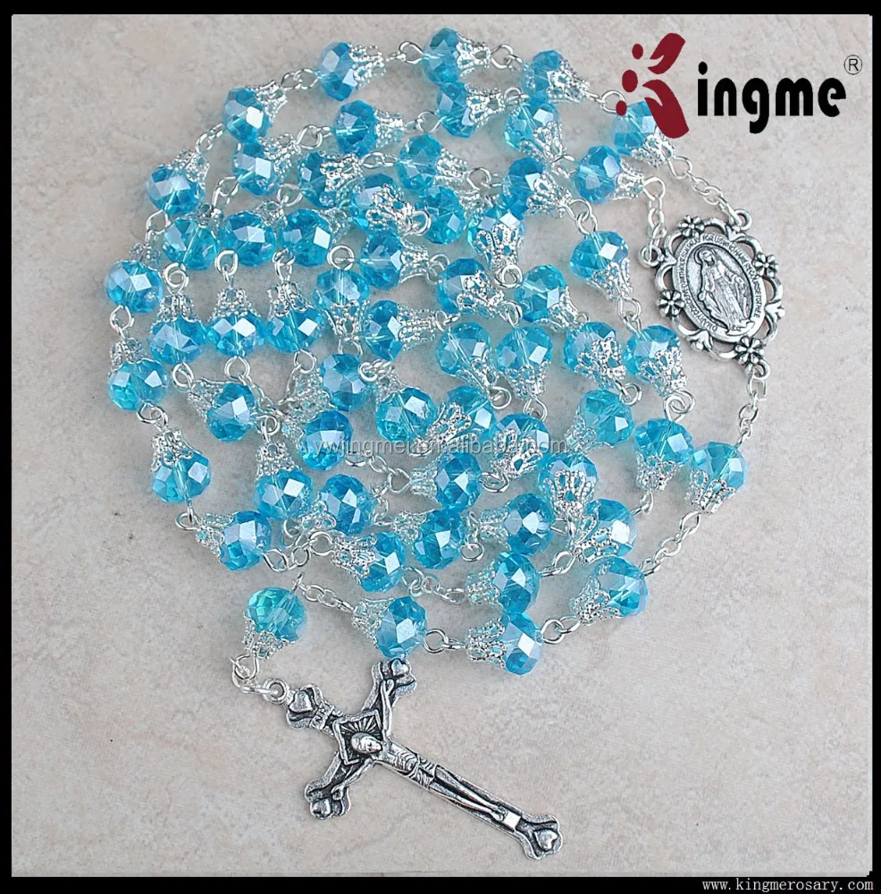 

6*8mm Light blue Crystal beads with Silver Caps rosary necklace with Miraculous medal hot sell on Amazon
