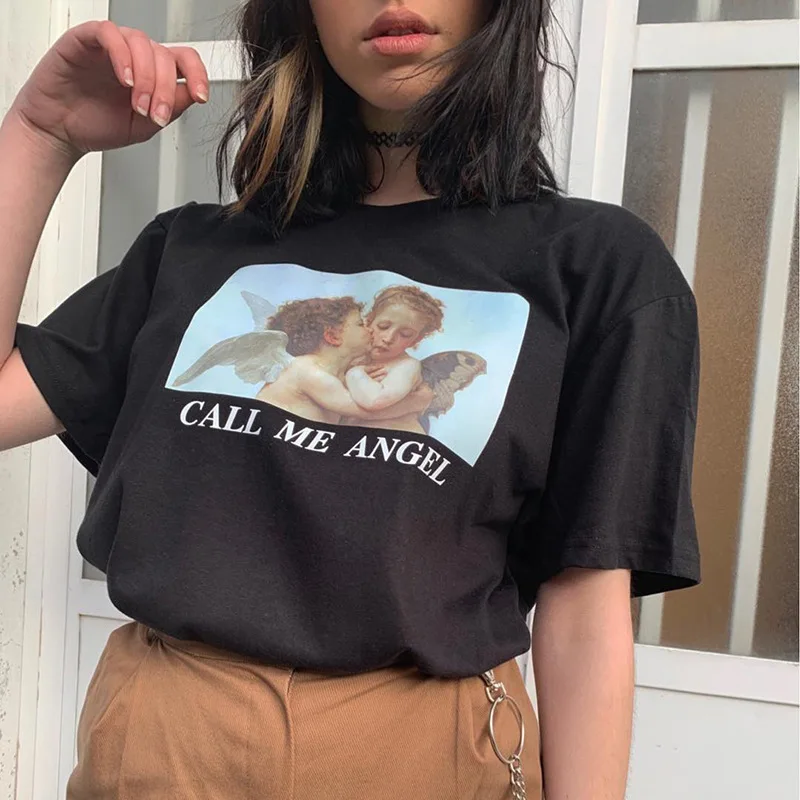 Dropshipping Angel Cupid Print Black T Shirt Women Streetwear Casual Loose Top Summer 2019 Vintage Aesthetic Graphic Tees