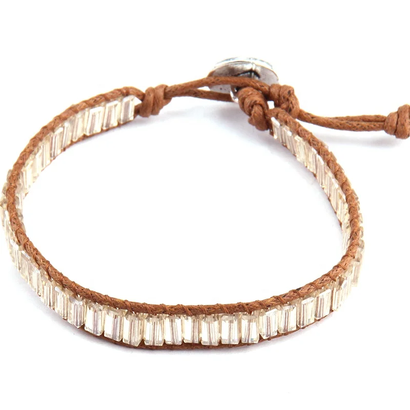 

Beautiful Women Rectangle Tube Glass Beads Bracelet Men Wraps Leather Bracelet pierre naturelle