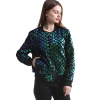 

New Spring Autumn Women Sequin Coat Green Bomber Jacket Long Sleeve Zipper Streetwear Jackets Casual Basic Y10937