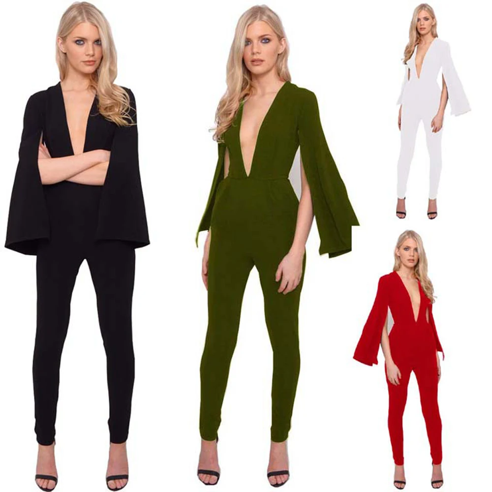 

Women Elegant Ladies Split Long Sleeves Casual Deep V-neck Cloak Rompers Sexy White Pant mujer Jumpsuit, 4 options