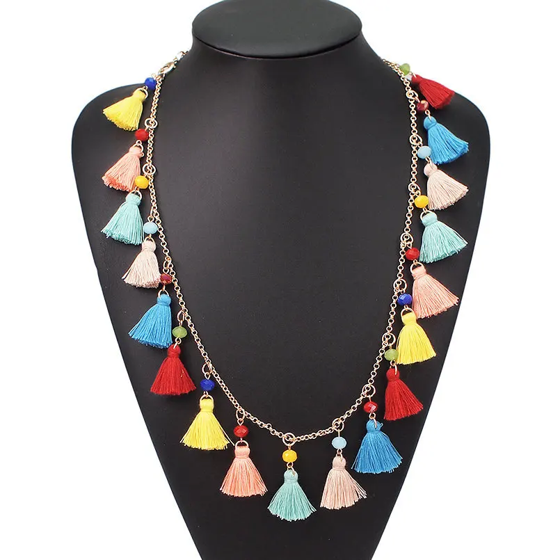 

Multicolor Tassel Pendant Necklace for Women Bohemian Crystal Beaded Statement Necklace Long Sweater Chain Jewelry Collie, Deep color, light color