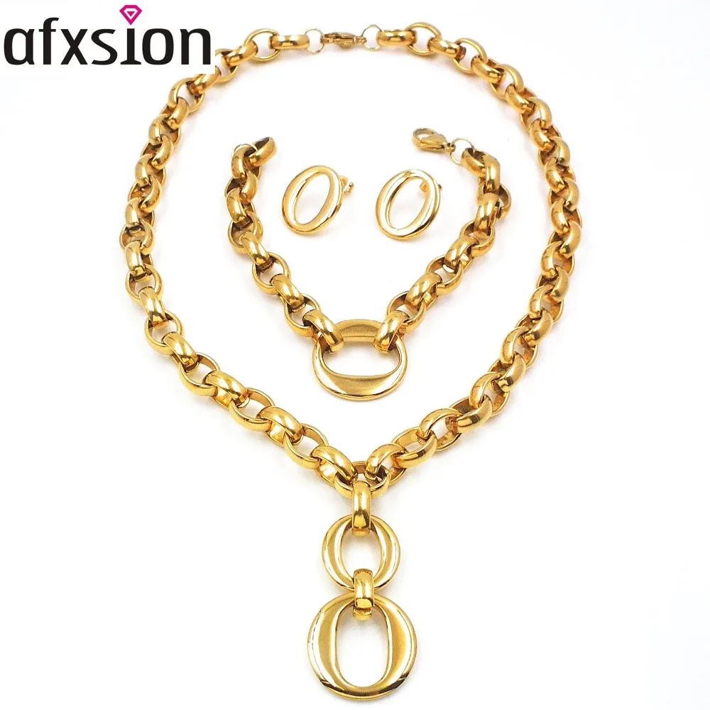 AFXSION New fashion simple oval jewelry stainless steel set earrings pendant bracelet