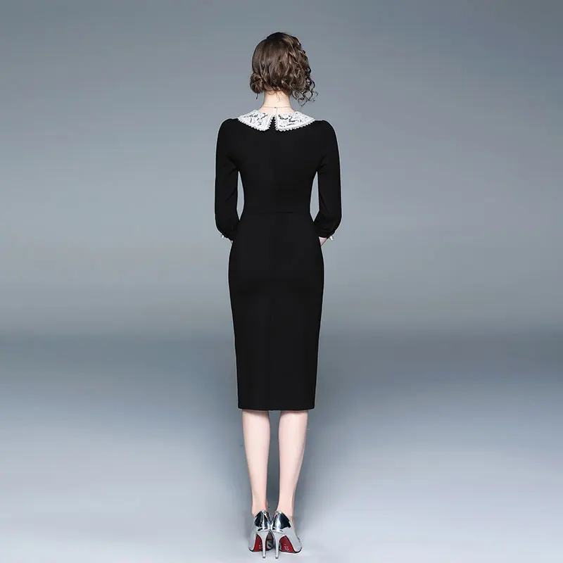 
Wholesale Women Spring New Fashion Three Quarter Sleeve Peter Pan Collar Pearls Beaded Lace Decoration Long Black Pencil Dress 