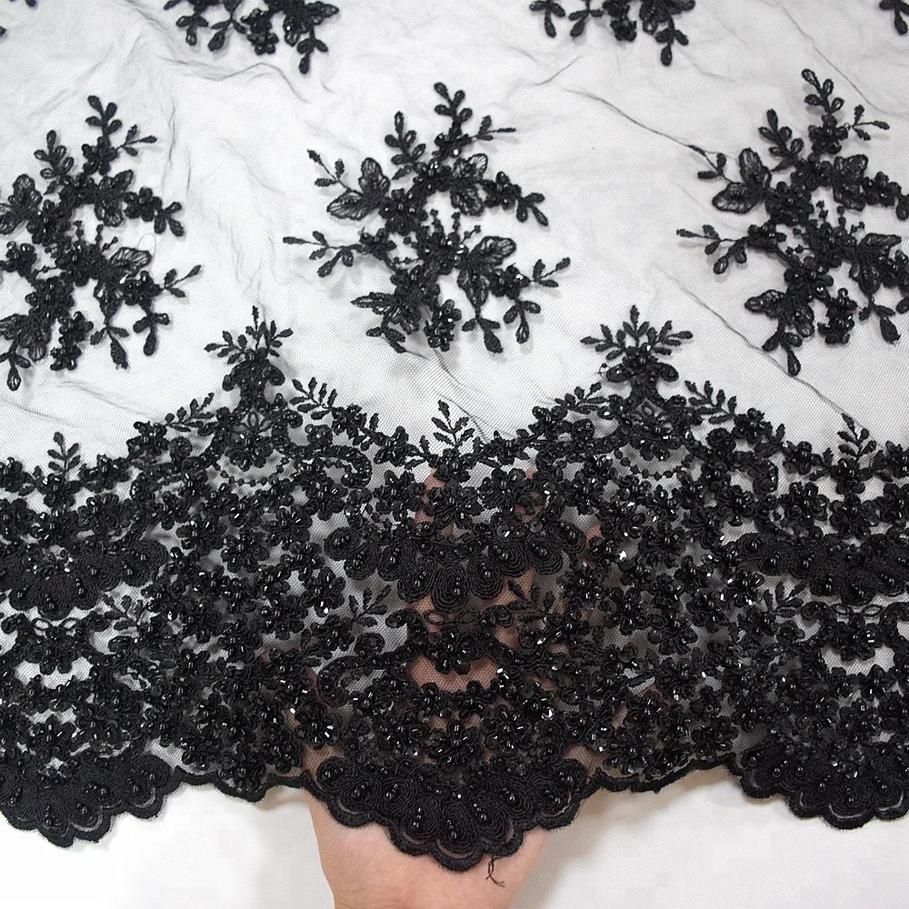 

Luxury nigerian wedding lace Black beaded applique high quality french mesh lace fabric pearl beads embroidery designs HY0838-1