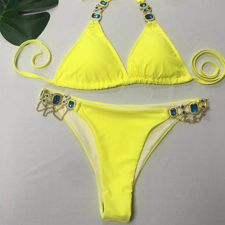 

Custom logo crystal diamond swimsuit bandage knot two-piece sexy women bikini, Free