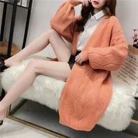 

2018 winter autumn casual v-neck front open knitting argyle pattern lady coat women long cardigan