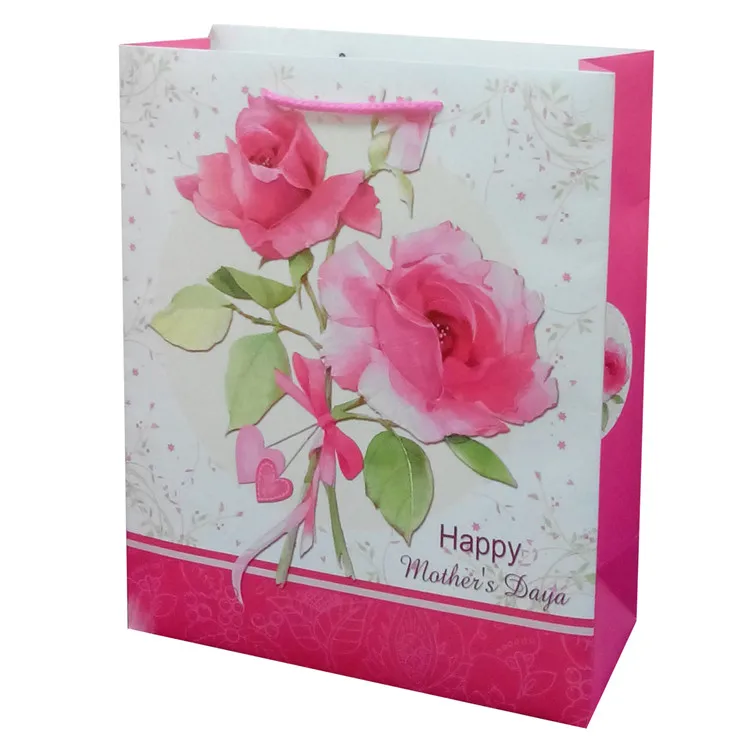 Hot Sale Rectangle Printing Rose White Kraft Paper Bags Grocery Bags For Shopping