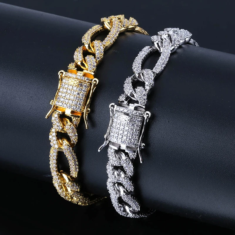 

10mm Box Lock Chain Bracelet For Men Hip Hop Bling Iced Out Paved Zircon Rapper Bracelets Jewelry (KHP031), As picture