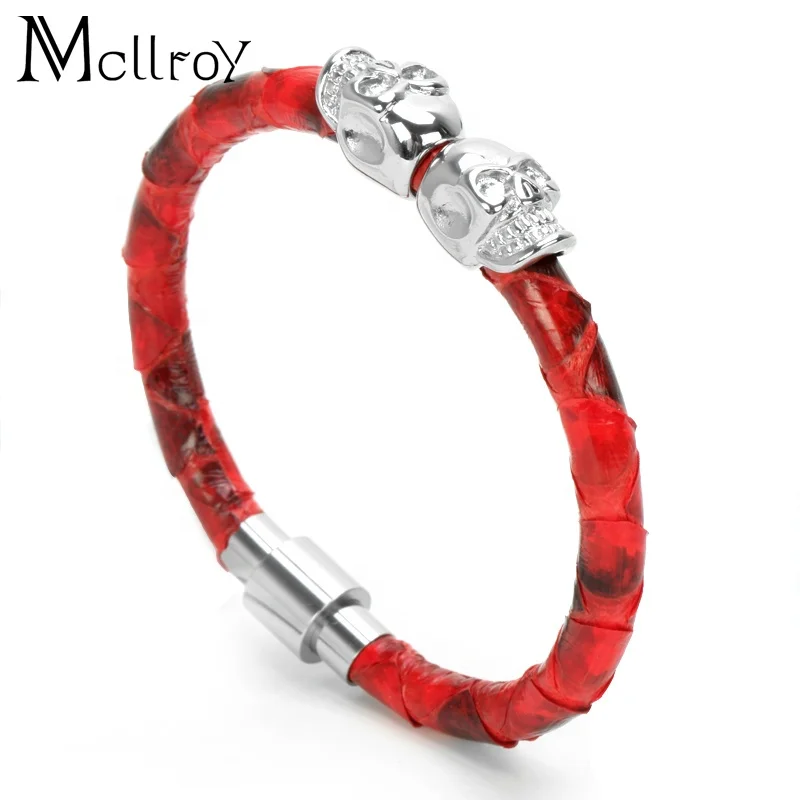 

Mcllroy luxury bracelet men red/gray/black python skin men titanium steel skull bracelets men bracelet jewelry