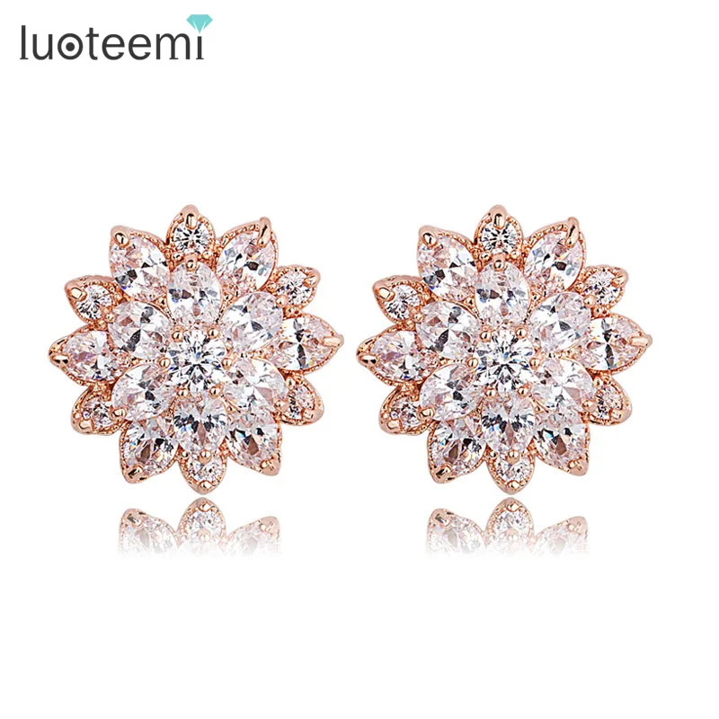 

LUOTEEMI Rose Pink Gold Plated Luxury Excellent Cut Clear Cubic Zirconia Women Valentine's Day Gift Jewelry Flower Earrings