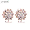 LUOTEEMI Rose Pink Gold Plated Luxury Excellent Cut Clear Cubic Zirconia Women Valentine's Day Gift Jewelry Flower Earrings