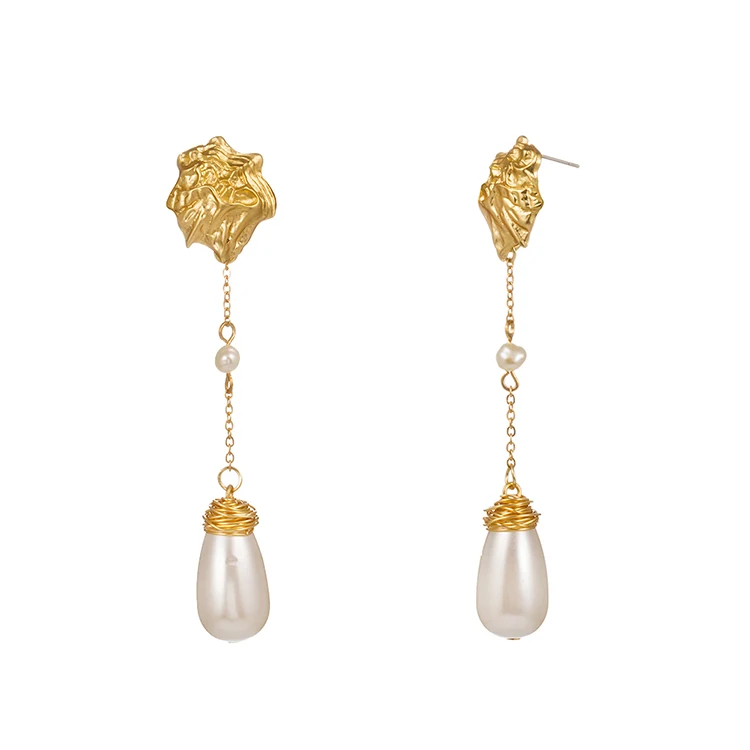 

Long Wire Wrap Baroque Drop Pearl Dangle Drop Earrings For Women