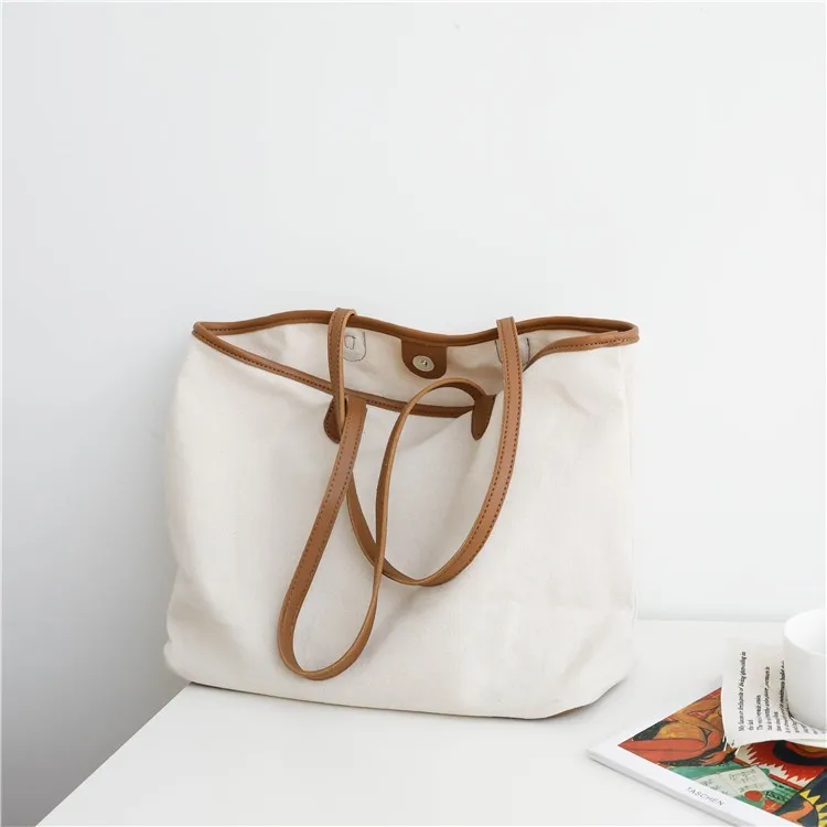 

Wholesale High Quality Leather Handle Canvas Handbag Women Tote Bag Plain School Shopping Travelling Bags Custom Logo, White