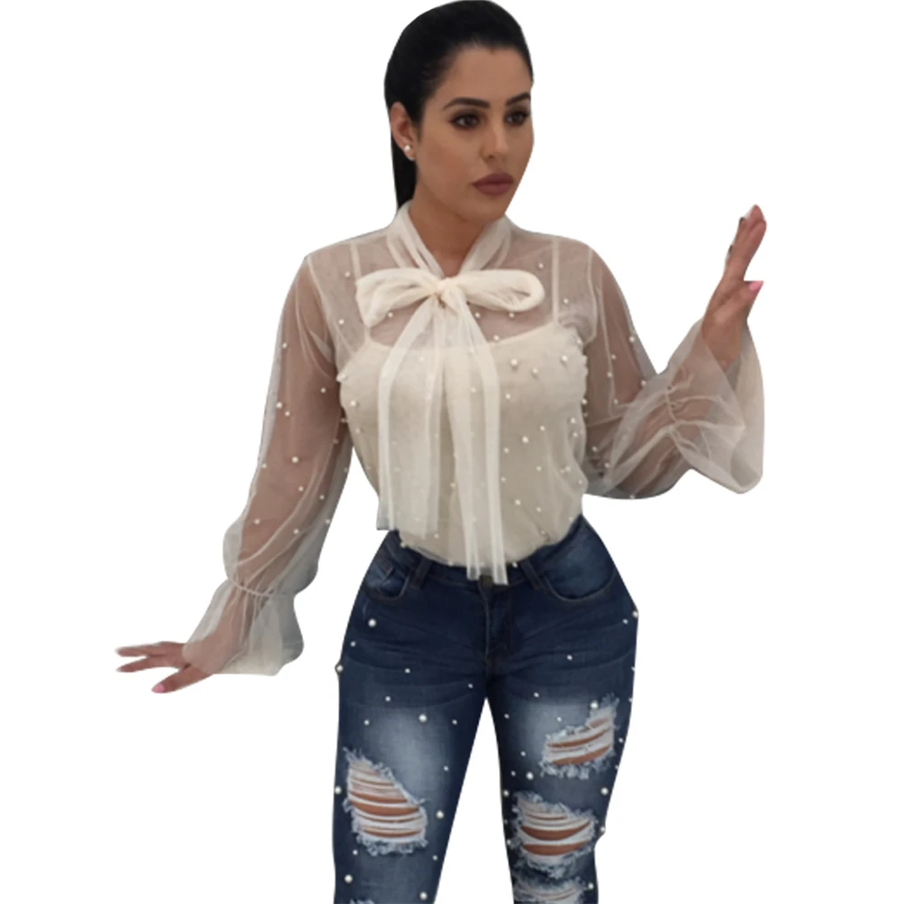 

Women's Fashion long sleeve mesh net beaded transparent blouses with pearls