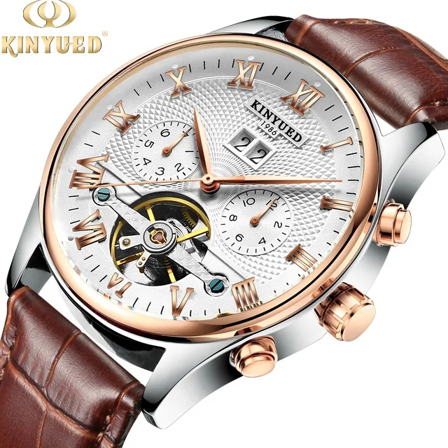 

Brand alone KINYUED mechanical watch fashion leather tourbillon mens automatic watch, White dial two-tone pink gold case