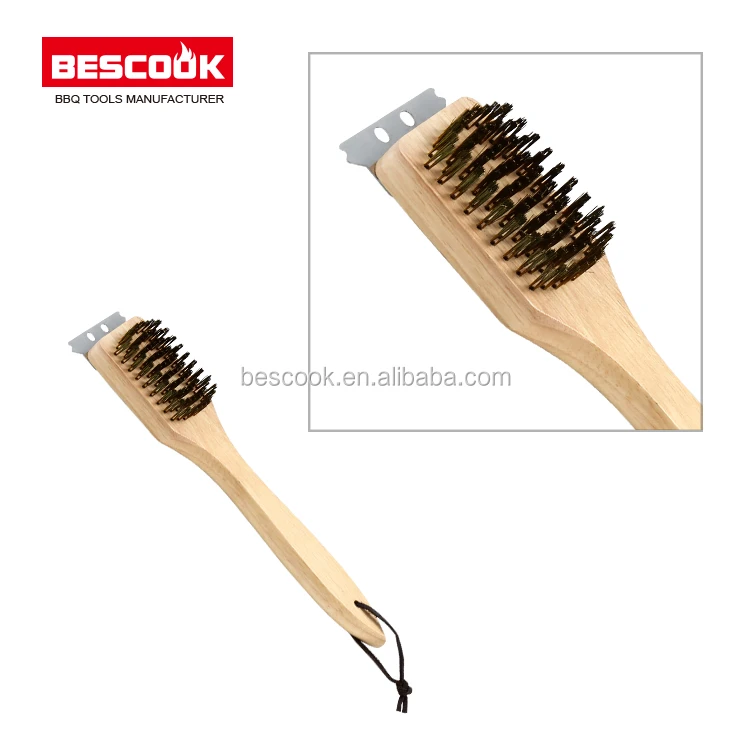 2 In 1 Brass Wire Wood Handle Bbq Grill Brush With Scraper Buy Bbq