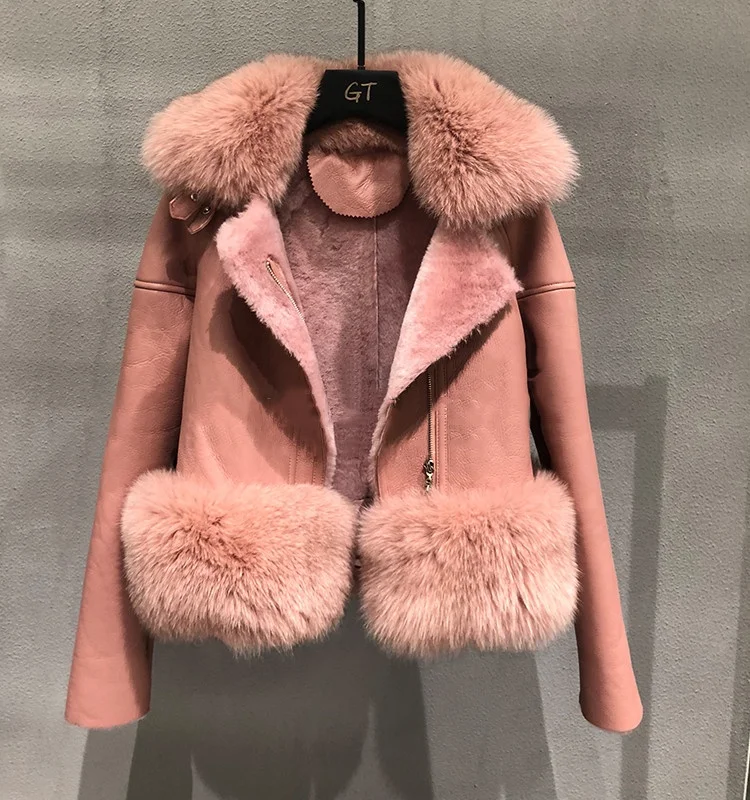 

Wholesale genuine leather fur jacket short real shearling sheepskin fur coat with fox fur collar, As photo or customized