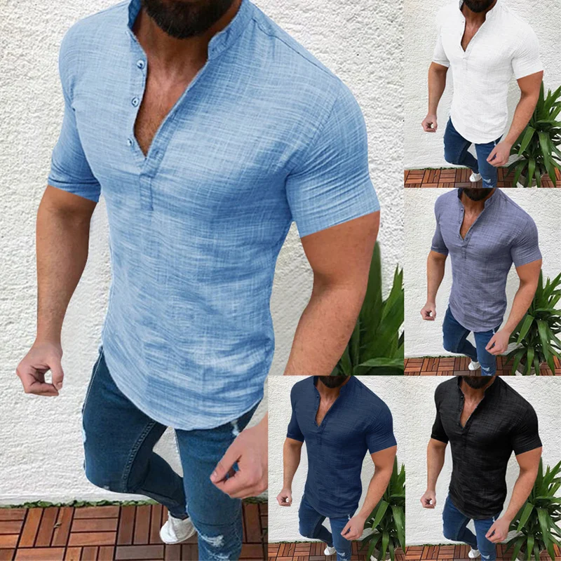 

New Summer Men Fashion Cotton Linen Button-down Shirt Short Sleeve Mandarin Collar Solid Color Casual Tops