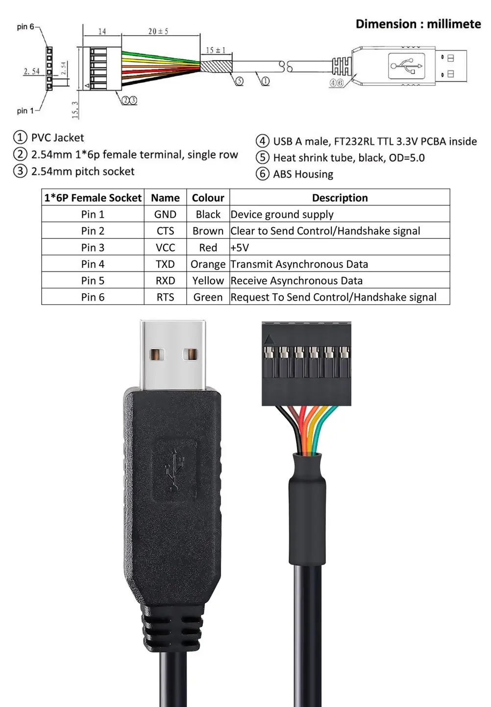 Usb To Ttl 232r Ftdi 33v Serial Converter Adapter Cable With 6pin Header Buy Ttl Serial 1372