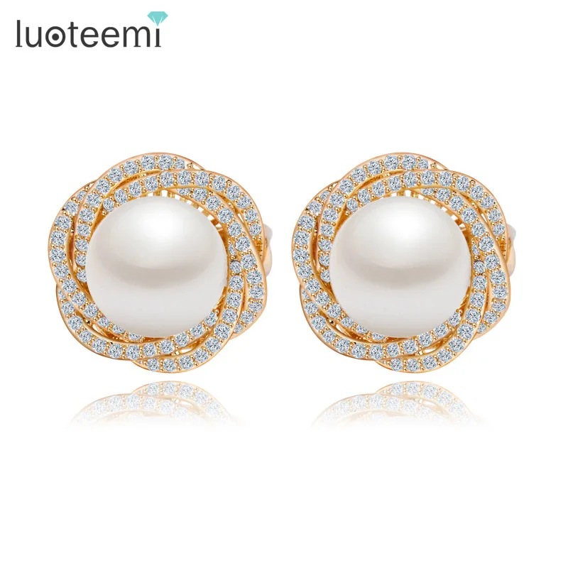 

LUOTEEMI Champagne Gold Plated Unique Tiny Cubic Zirconia Micro Paved Women Fashion Big Statement Flower Cheap Pearl Earring