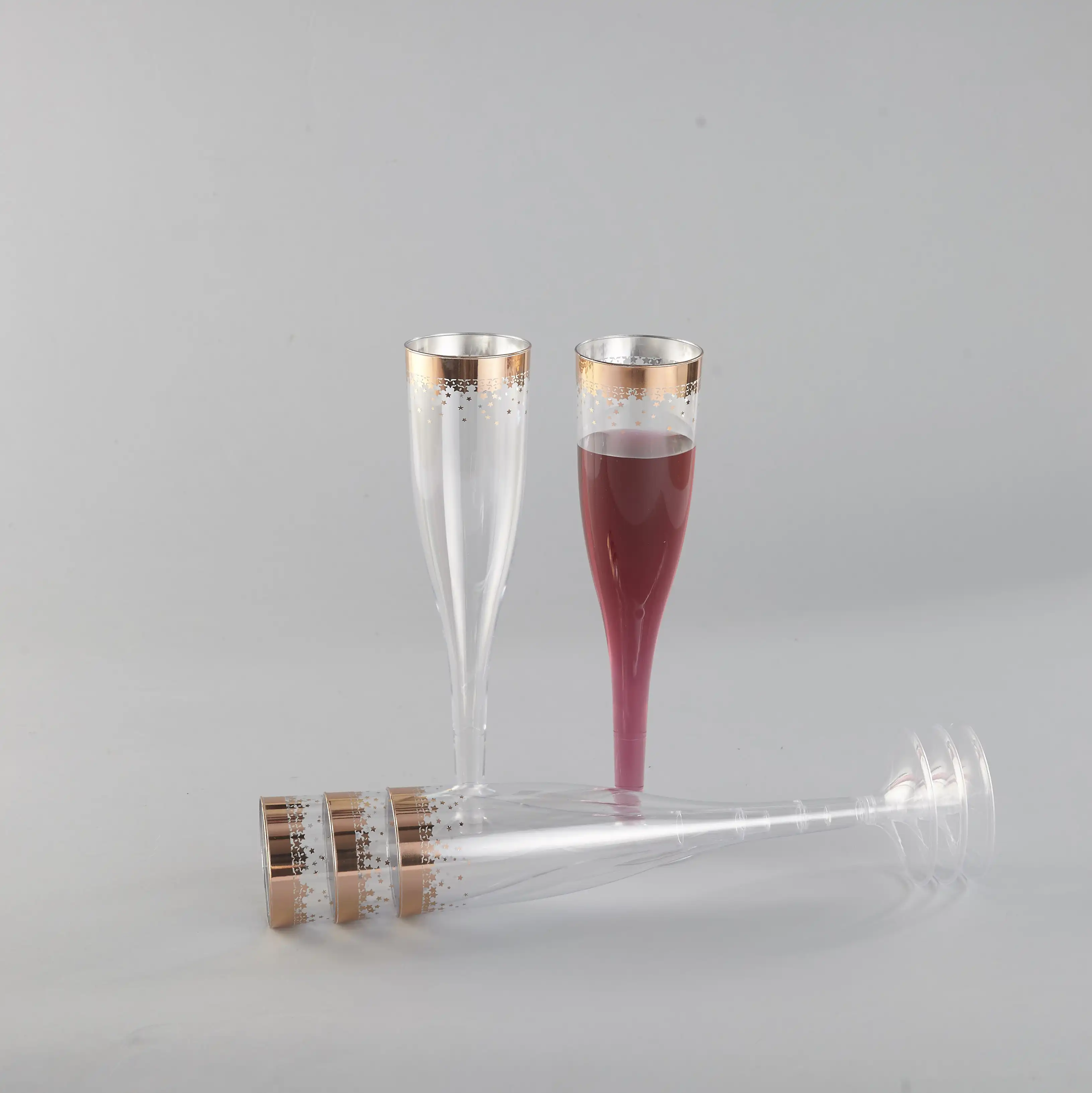 6.5 Oz Gold Rim With Gold Glitter Plastic Champagne Flutes For Wedding