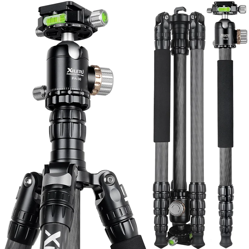 

XILETU PA-2C36 High Quality Professional DSLR Video Camera Tripod Carbon Fiber Retractable tripod tubes with metal spikes suit, Black