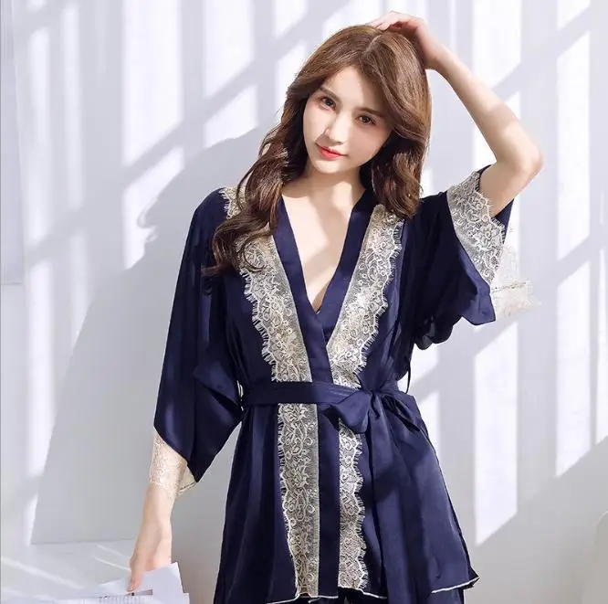 

New style imitation silk three-piece suit lady autumn long sleeve thin style suit, Blue