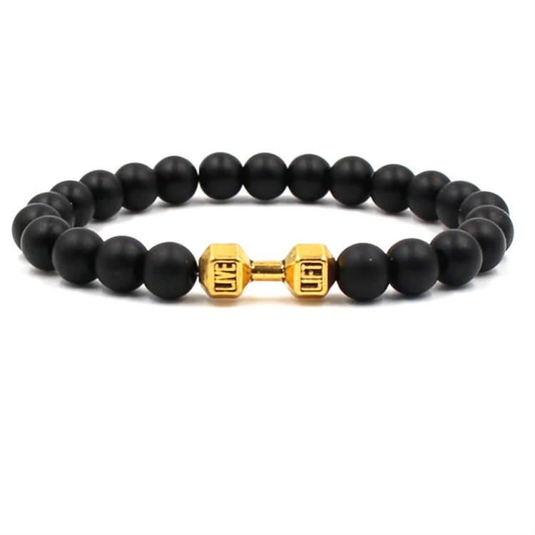 

Dumbbells Bracelet Men Jewelry 8mm Black Matte Beads Bracelets For Wholesale Bangles (KB8067), As picture