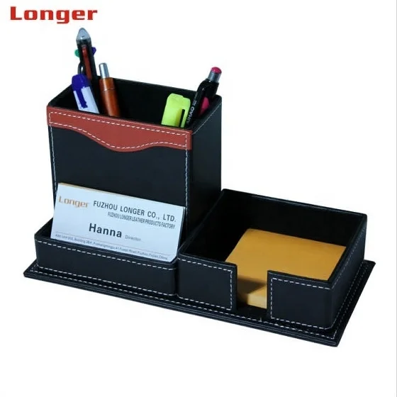 Oem Office Pu Leather Pen Pencil Holder With Name Card Holder Desk