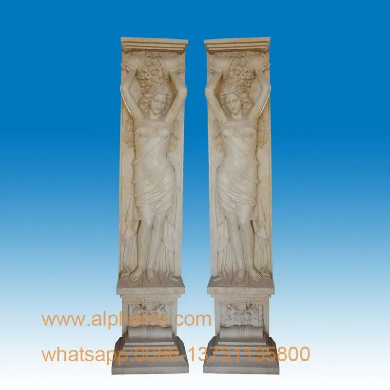 
Popular Roman Pillar Design Yellow Travertine Stone Column With Lady Statue 
