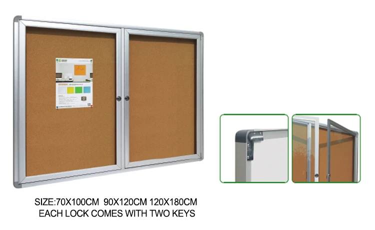 double door aluminum frame wall mount Bulletin Board Enclosed Cork Notice Board