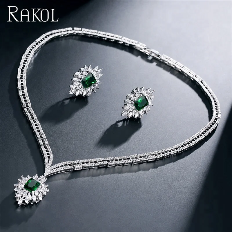 

RAKOL S213 Austria Vintage Two Rows crystal Chain Necklace with Rectangle CZ zircon pendant sun flower Jewelry Set S213, As picture