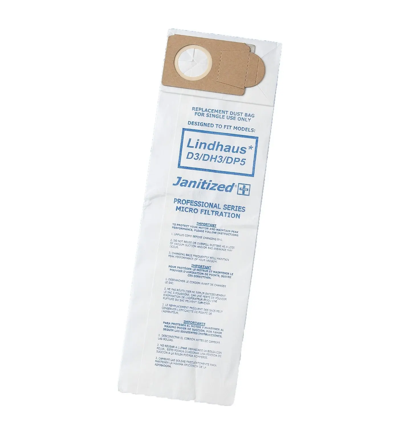 Janitized JAN-LD3-2(10) Premium Replacement Commercial Vacuum Paper Bag for Lindhaus D3/DP3/DP5, Evolution/DH3/DP5 Hepa, Valzer HEPA Vacuum Cleaners, OEM#D3, DH3 and DP5 (Pack of 10)