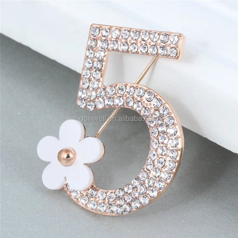

N 5 charm Letter diamond brooch pin, number 5 alloy brooch, Silver/gold