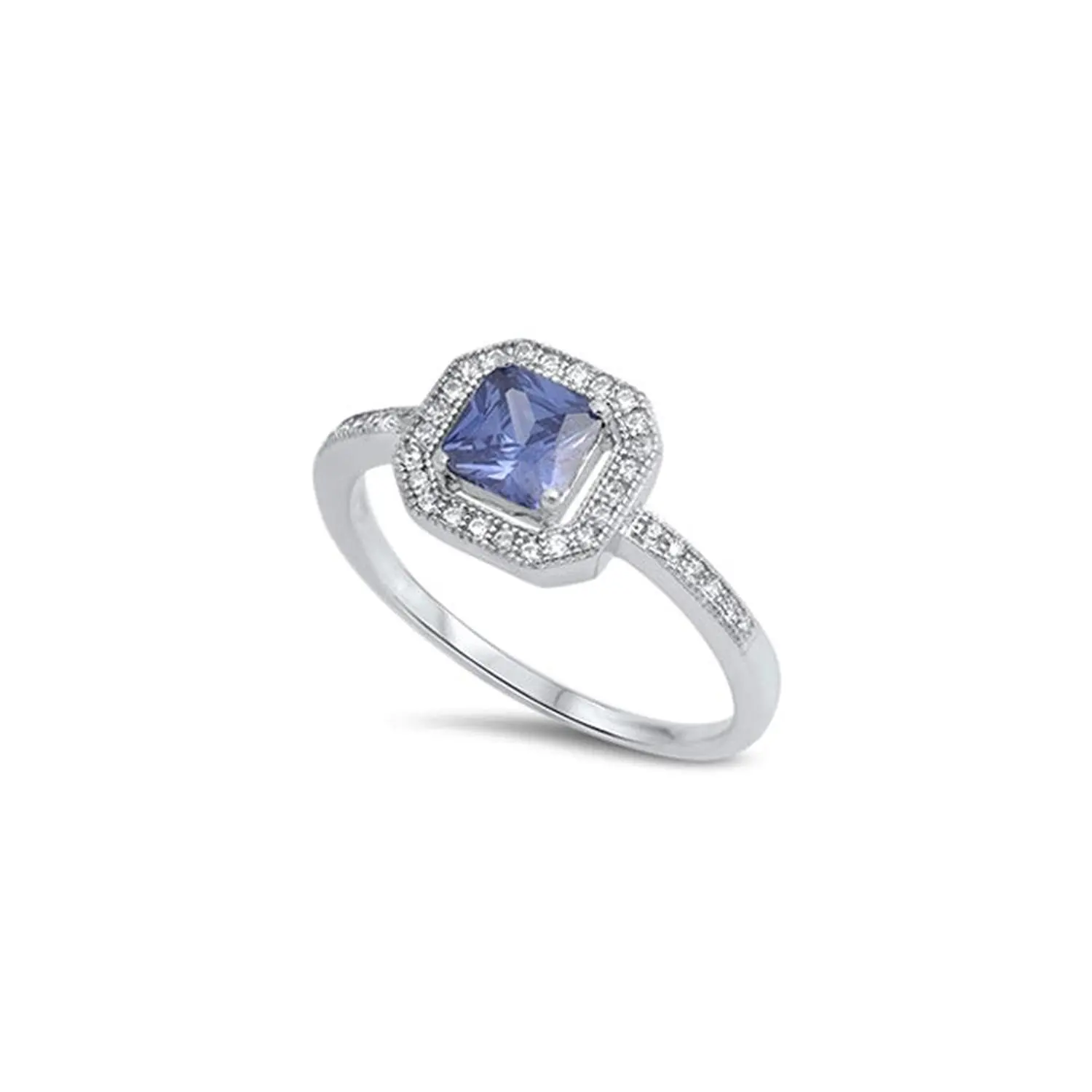 Noureda Sterling Silver Classy Princess Cut Tanzanite Cz with Pave Halo Setting Ring, Face Height of 6MM, Band Width: 2MM