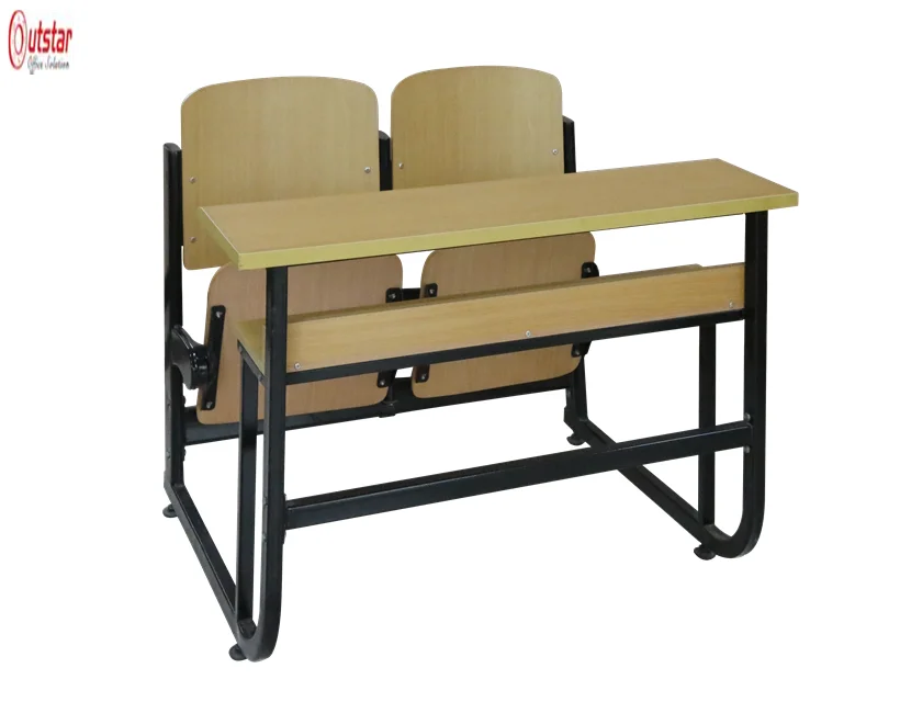 Metal Frame And Wood Combined Double School Desk And Chair With Back
