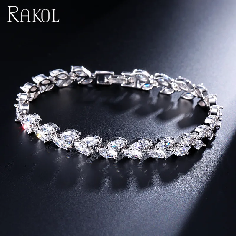 

RAKOL Hot Sale Leaf Shape Real White Gold Cubic Zirconia Bracelet For Women B061, As picture