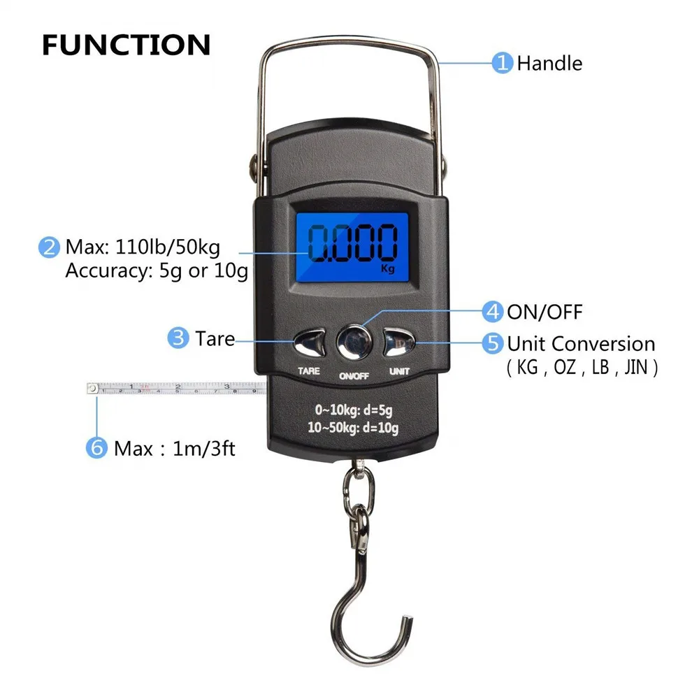 Portable Digital Fishing Scales 110lb/50kg Travel Luggage Scale w/ 1M Tape Ruler 