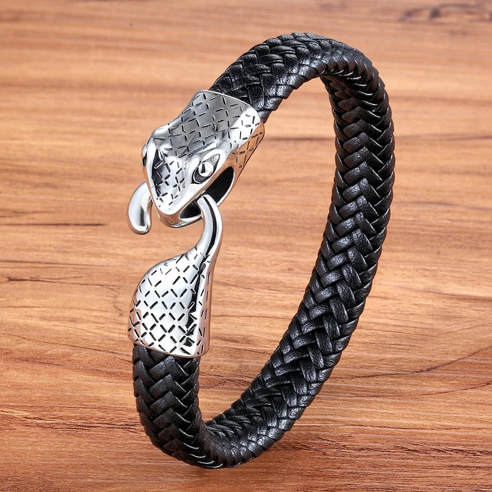 

Classic Men's Stainless Steel Snake Leather Bracelet High Quality Outdoor Sports Easy Hook Buckle Mens Jewelry Gift Wholesale, Black
