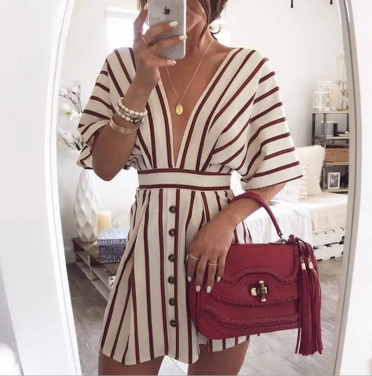 

2019 Striped Dress Elegant Sexy Deep V-neck Bat Sleeve Stitched Stitching False Belt Button Workwear Vintage Female Dress, As shown