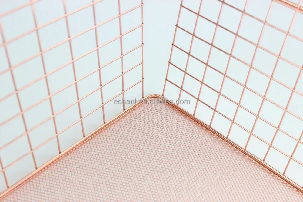 
Low price Large capacity Rectangle Rose Gold Copper Decor Wire Metal fruit laundry toy small Storage Basket stand 