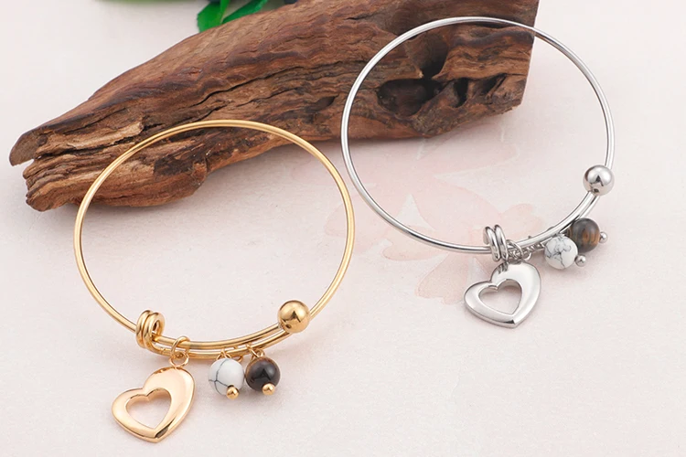 Wholesale custom expandable stainless steel thin wire bracelet with heart charm and turquoise stone