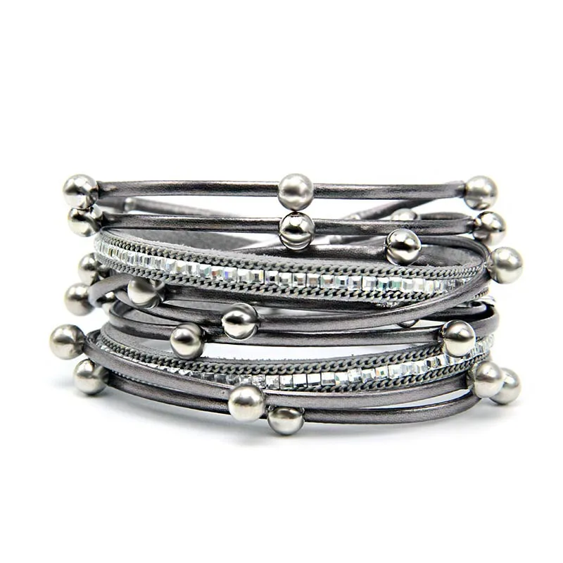 

Unique Desgin Bead Multiple Layers Charm PU magnetic Bracelet For Women Men Leather Bracelets, Blue,gray,silver,champagne