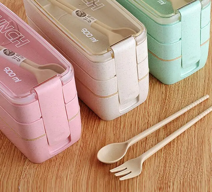 

K42 Wheat Straw Microwave Bento 3 Layers Seal Food Boxes 900ml Dinnerware Storage Container Lunch box, 3 colors