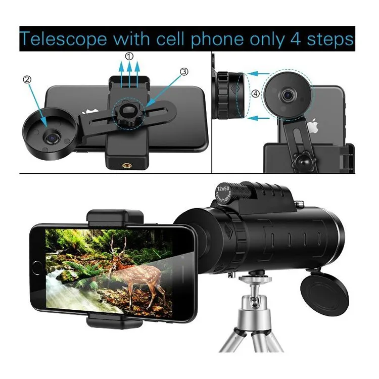 Dual Focus Waterproof 12x50 Monocular Telescope With Phone Clip Andtripod For Mobile Phone Buy