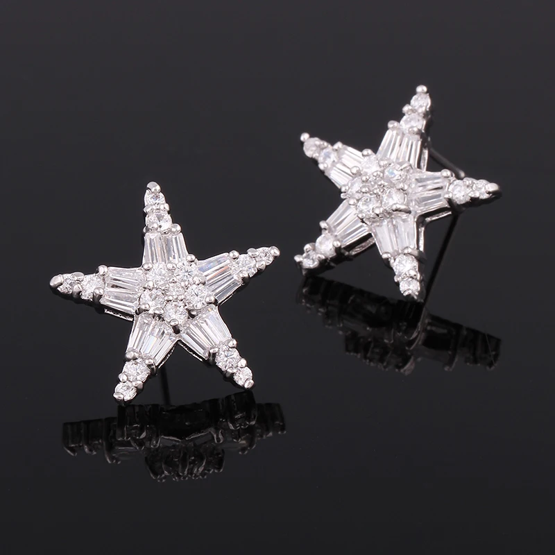

Fashion Women White Gold Rhodium Plated Cubic Zirconia Crystal Cluster Pentagram Star Shape Stud Earrings