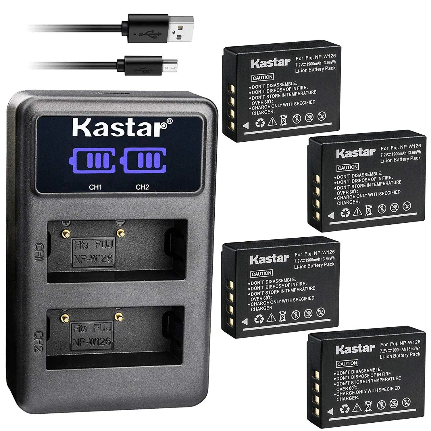 Kastar Dual LCD USB Charger and 4 Pack Battery for Fujifilm NP-W126 NP-W126s BC-W126, Fujifilm X-PRO1 X-PRO2 X-A1 X-A2 X-A3 X-A5 X-A10 X-E1 X-E2 X-E2S X-E3 X-M1 X-T1 X-T2 X-T3 X-T10 X-T20 X-H1 Cameras