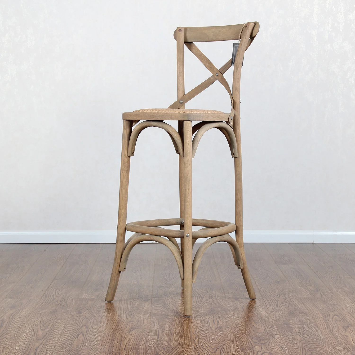 Antique Vintage Solid Wood Rattan Seat Cross Back Counter Bar Stool